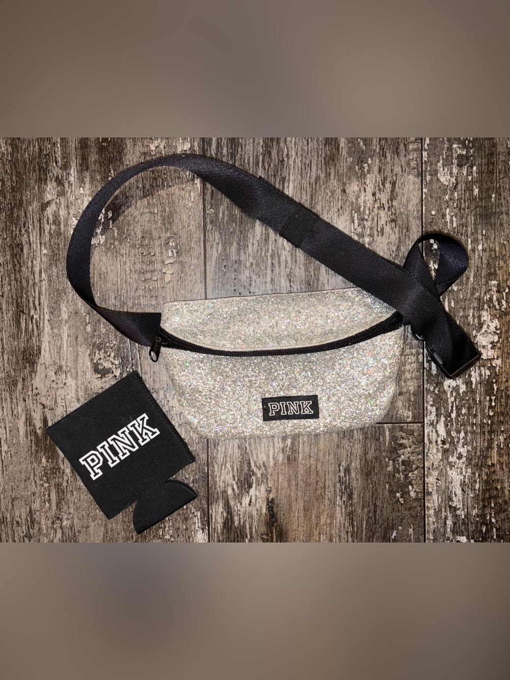 PINK Victoria's Secret Silver Glitter Belt Bag with Black Strap